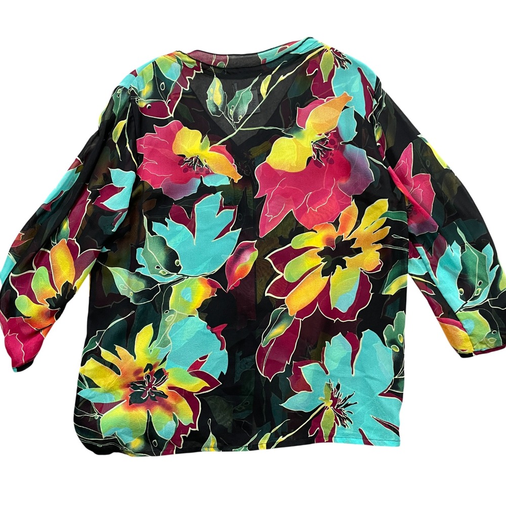 Soft Surroundings Large Semi Sheer Floral Tropical 3/4 Sleeve 100% Silk Blouse - Picture 4 of 4